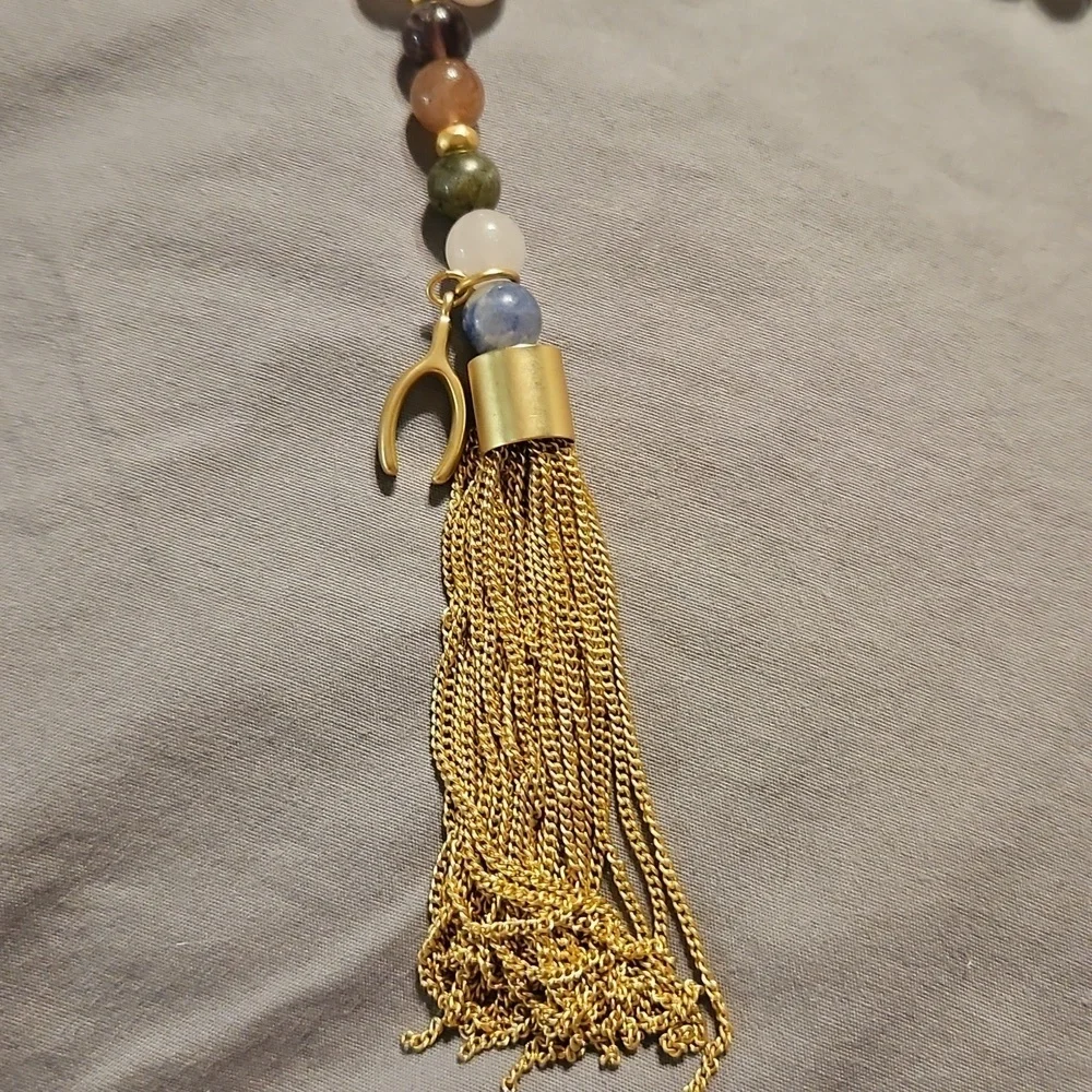 WHITE HOUSE BLACK MARKET Mixed Gemstone Wishbone Chain Tassel Pendant Necklace